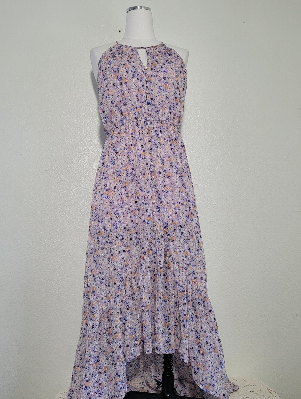 Miami Lavender Floral Halter High-Low Maxi Dress With Elastic Waist Size Medium